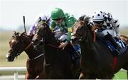1 July 2018; Red Avenger, right, with Rory Cleary up, on their way to winning the Westgrove Hotel Handicap from eventual second place finisher Kailee, centre, with Chris Hayes up, and fourth place finisher Bay of Skaill with Niall McCullagh up, during day 3 of the Dubai Duty Free Irish Derby Festival at the Curragh Racecourse in Kildare. Photo by Matt Browne/Sportsfile