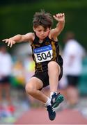 1 July 2018; Euan Smith of Letterkenny AC, Co. Donegal, competing in the U10 Boys Long Jump event during the Irish Life Health Juvenile Games & Inter Club Relays at Tullamore Harriers Stadium in Tullamore, Offaly. Photo by Sam Barnes/Sportsfile