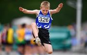 1 July 2018; Pj Breen of Bree A.C., Co. Wexford, competing in the U10 Boys Long Jump event during the Irish Life Health Juvenile Games & Inter Club Relays at Tullamore Harriers Stadium in Tullamore, Offaly. Photo by Sam Barnes/Sportsfile