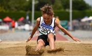 1 July 2018; Danny Patton of Midleton A.C., Co. Cork, competing in the U10 Boys Long Jump event during the Irish Life Health Juvenile Games & Inter Club Relays at Tullamore Harriers Stadium in Tullamore, Offaly. Photo by Sam Barnes/Sportsfile