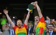 1 July 2018; Carlow joint captains Richard Cody, left, and Diarmuid Byrne lift the Joe McDonagh Cup following the Joe McDonagh Cup Final match between Westmeath and Carlow at Croke Park in Dublin. Photo by Ramsey Cardy/Sportsfile
