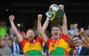 1 July 2018; Carlow joint captains Richard Cody, left, and Diarmuid Byrne lift the Joe McDonagh Cup following the Joe McDonagh Cup Final match between Westmeath and Carlow at Croke Park in Dublin. Photo by Ramsey Cardy/Sportsfile