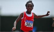 1 July 2018; Destiny Lawal of Dooneen A.C., Co. Limerick, competing in the U10 Girls 500m event  during the Irish Life Health Juvenile Games & Inter Club Relays at Tullamore Harriers Stadium in Tullamore, Offaly. Photo by Sam Barnes/Sportsfile