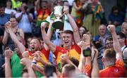 1 July 2018; Carlow vice-captains Richard Cody, left, and Diarmuid Byrne lift the Joe McDonagh Cup following the Joe McDonagh Cup Final match between Westmeath and Carlow at Croke Park in Dublin. Photo by Stephen McCarthy/Sportsfile
