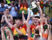 1 July 2018; Carlow vice-captains Richard Cody, left, and Diarmuid Byrne lift the Joe McDonagh Cup following the Joe McDonagh Cup Final match between Westmeath and Carlow at Croke Park in Dublin. Photo by Stephen McCarthy/Sportsfile