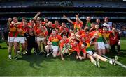 1 July 2018; Carlow players celebrate with the Joe McDonagh Cup following the Joe McDonagh Cup Final match between Westmeath and Carlow at Croke Park in Dublin. Photo by Stephen McCarthy/Sportsfile