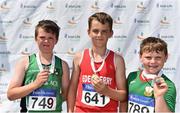 1 July 2018; U12 Boys Shot Put medallists, from left, Patrick Laverty of Carrick Aces A.C., Co. Monaghan, silver, Cian Crampton of Edenderry A.C., Co. Offaly, gold, and Matthew Finn of Glaslough Harriers, Co. Monaghan, bronze, during the Irish Life Health Juvenile Games & Inter Club Relays at Tullamore Harriers Stadium in Tullamore, Offaly. Photo by Sam Barnes/Sportsfile