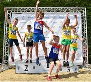 1 July 2018; U11 Boys 600m medallists, from left, Alex Robertson and Lorcan Forde Dunne of Boyne A.C., Co. Louth, silver, Archie McNamara and Tom Arthur of Derg A.C., Co. Clare, gold, and Sean Higins and Sean O'Callaghan of North Cork A.C., Co. Cork, bronze, during the Irish Life Health Juvenile Games & Inter Club Relays at Tullamore Harriers Stadium in Tullamore, Offaly. Photo by Sam Barnes/Sportsfile