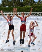 1 July 2018; Athletes from left, Faye Mannion, Leo Johnson and Sophie Maher of Ennis Track A.C., Co. Clare, celebrate with their medals during the Irish Life Health Juvenile Games & Inter Club Relays at Tullamore Harriers Stadium in Tullamore, Offaly. Photo by Sam Barnes/Sportsfile