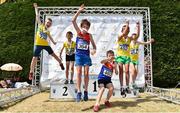 1 July 2018;  U11 Boys 600m medallists, from left, Alex Robertson and Lorcan Forde Dunne of Boyne A.C., Co. Louth, silver, Archie McNamara and Tom Arthur of Derg A.C., Co. Clare, gold, and Sean Higins and Sean O'Callaghan of North Cork A.C., Co. Cork, bronze, during the Irish Life Health Juvenile Games & Inter Club Relays at Tullamore Harriers Stadium in Tullamore, Offaly. Photo by Sam Barnes/Sportsfile