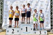 1 July 2018; U9 Boys Turbo Javelin medallists, from left, Aidan McGonigle and Rory Coyne of Lake District  &quot;A&quot;, Co. Mayo, silver, Sam Kingston and Dylan O'Donovan of Skibbereen A.C., Co. Cork, gold, and Robert Ruane and Thady Hoban of Moy Valley, Co. Kilare, during the Irish Life Health Juvenile Games & Inter Club Relays at Tullamore Harriers Stadium in Tullamore, Offaly. Photo by Sam Barnes/Sportsfile