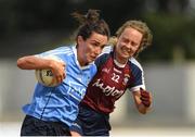 1 July 2018; Niamh McEvoy of Dublin in action against Jennifer Rogers of Westmeath during the TG4 Leinster Ladies Senior Football Final match between Dublin and Westmeath at Netwatch Cullen Park in Carlow. Photo by Piaras Ó Mídheach/Sportsfile