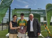 1 July 2018; Jack Ramsay of Claregalway is presented the Boys Division 1 Shield by Anne-Claire Monde Marketing Manager of John West, left, and Brendan Brien Chairman of NAtional Féile during the John West Féile Peil na nÓg National Competitions 2018 match between Claregalway and Clonduff GAC at Stamullen GAA in Meath. This is the third year that the Féile na nGael and Féile Peile na nÓg have been sponsored by John West, one of the world’s leading suppliers of fish. The competition gives up-and-coming GAA superstars the chance to participate and play in their respective Féile tournament, at a level which suits their age, skills and strengths. Photo by Harry Murphy/Sportsfile
