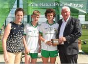 1 July 2018; Co Captains Cian Cunningham and Eoin Loughran of Burren GAC are presented their runner up medals by Anne-Claire Monde Marketing Manager of John West and Brendan Brien Chairman of National Féile during the John West Féile Peil na nÓg National Competitions 2018 match between Burren GAC and O Donovan Rossa GAC at Stamullen GAA in Meath. This is the third year that the Féile na nGael and Féile Peile na nÓg have been sponsored by John West, one of the world’s leading suppliers of fish. The competition gives up-and-coming GAA superstars the chance to participate and play in their respective Féile tournament, at a level which suits their age, skills and strengths. Photo by Harry Murphy/Sportsfile