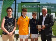 1 July 2018; Co Captains Eoin Devlin and Senan Carr are presented their Runners Up medals buy Anne-Claire Monde Marketing Manager of John West and Brendan Brien Chairman of National Féile the John West Féile Peil na nÓg National Competitions 2018 match between Claregalway and Clonduff GAC at Stamullen GAA in Meath. This is the third year that the Féile na nGael and Féile Peile na nÓg have been sponsored by John West, one of the world’s leading suppliers of fish. The competition gives up-and-coming GAA superstars the chance to participate and play in their respective Féile tournament, at a level which suits their age, skills and strengths. Photo by Harry Murphy/Sportsfile