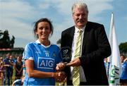 1 July 2018; Niamh McEvoy of Dublin is presented with the Player of the Match Award by Dominic Leech, President, Leinster LGFA, after the TG4 Leinster Ladies Senior Football Final match between Dublin and Westmeath at Netwatch Cullen Park in Carlow. Photo by Piaras Ó Mídheach/Sportsfile