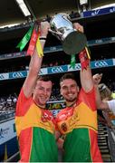 1 July 2018; Carlow's Kevin McDonald, left, and Chris Nolan celebrate following the Joe McDonagh Cup Final match between Westmeath and Carlow at Croke Park in Dublin. Photo by Stephen McCarthy/Sportsfile