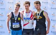 30 June 2018; U23 Men Javelin medallists, from left, Michael Jordan of Naas A.C., Co. Kildare, silver, Peter O'Shea of D.M.P. A.C., Co. Wexford, gold, and Rossa Foley of Farranfore Maine Valley A.C., Co. Kerry, during the Irish Life Health National Junior & U23 T&F Championships at Tullamore Harriers Stadium in Tullamore, Offaly. Photo by Sam Barnes/Sportsfile