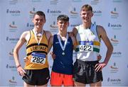 30 June 2018; Junior Men 1500m medallists, from left, Charlie O'Donovan of Leevale A.C., Co. Cork, silver, Darragh McElhinney of Bantry A.C., Co. Cork, gold, Cian Kelly of St. Abbans A.C., Co. Carlow, bronze, during the Irish Life Health National Junior & U23 T&F Championships at Tullamore Harriers Stadium in Tullamore, Offaly. Photo by Sam Barnes/Sportsfile