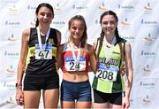 30 June 2018; Junior Women 800m medallists, from left, Sophie O'Sullivan of Ballymore Cobh A.C., Co. Cork, silver, Jo Keane of Ennis Track A.C. ,Co. Clare, gold, and Sarah Clarke of Na Fianna A.C., Co. Dublin, bronze, event during the Irish Life Health National Junior & U23 T&F Championships at Tullamore Harriers Stadium in Tullamore, Offaly. Photo by Sam Barnes/Sportsfile