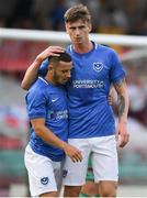 2 July 2018; Conor Chaplin, left, of Portsmouth celebrates with teammate Oliver Hawkins after scoring his side's third goal during the pre-season friendly match between Cork City and Portsmouth at Turners Cross in Cork. Photo by Harry Murphy/Sportsfile