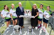 3 July 2018; The 2018 TG4 All-Ireland Ladies Football Championships were launched at Croke Park today, with representatives from the competing junior, intermediate and senior teams present. TG4 have announced a four-year extension of their sponsorship of the Ladies Football championships, with the new deal set to last until the conclusion of the 2022 season. 17 Ladies Football championship games will be broadcast this summer exclusively live on TG4, with the senior and intermediate championships to be played on a new, round-robin basis. Pictured are Alan Esslemont, Ardstiúrthóir TG4, and Marie Hickey, President, Ladies Gaelic Football Association, with players, from left, Cathy Mee of Limerick, Neamh Woods of Tyrone,  Doireann O'Sullivan of Cork and Sinéad Aherne of Dublin at the launch at Croke Park in Dublin. Photo by Sam Barnes/Sportsfile