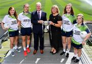 3 July 2018; The 2018 TG4 All-Ireland Ladies Football Championships were launched at Croke Park today, with representatives from the competing junior, intermediate and senior teams present. TG4 have announced a four-year extension of their sponsorship of the Ladies Football championships, with the new deal set to last until the conclusion of the 2022 season. 17 Ladies Football championship games will be broadcast this summer exclusively live on TG4, with the senior and intermediate championships to be played on a new, round-robin basis. Pictured are Alan Esslemont, Ardstiúrthóir TG4, and Marie Hickey, President, Ladies Gaelic Football Association, with the Junior Cup and Junior players, from left, Cathy Mee of Limerick, Kate Flood of Louth, Orla Corr of Antrim, and Catriona McGahan of London, at the launch at Croke Park in Dublin. Photo by Sam Barnes/Sportsfile