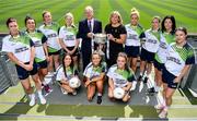 3 July 2018; The 2018 TG4 All-Ireland Ladies Football Championships were launched at Croke Park today, with representatives from the competing junior, intermediate and senior teams present. TG4 have announced a four-year extension of their sponsorship of the Ladies Football championships, with the new deal set to last until the conclusion of the 2022 season. 17 Ladies Football championship games will be broadcast this summer exclusively live on TG4, with the senior and intermediate championships to be played on a new, round-robin basis. Pictured are Alan Esslemont, Ardstiúrthóir TG4, and Marie Hickey, President, Ladies Gaelic Football Association, with the Brendan Martin Cup and Senior players, from left, Laura Walsh of Westmeath, Doireann O'Sullivan of Cork, Mairead Seoighe of Galway , Mairead Wall of Waterford, Sarah Houlihan of Kerry, Sharon Reel of Armagh, Sinead Greene of Cavan, Samantha Lambert of Tipperary, Sharon Courtney of Monaghan, Aoife McDonnell of Donegal and Sinéad Aherne of Dublin at the launch at Croke Park in Dublin. Photo by Sam Barnes/Sportsfile