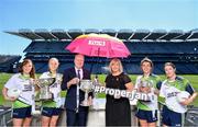 3 July 2018; The 2018 TG4 All-Ireland Ladies Football Championships were launched at Croke Park today, with representatives from the competing junior, intermediate and senior teams present. TG4 have announced a four-year extension of their sponsorship of the Ladies Football championships, with the new deal set to last until the conclusion of the 2022 season. 17 Ladies Football championship games will be broadcast this summer exclusively live on TG4, with the senior and intermediate championships to be played on a new, round-robin basis. Pictured are Alan Esslemont, Ardstiúrthóir TG4, and Marie Hickey, President, Ladies Gaelic Football Association, with players, from left, Cathy Mee of Limerick and Neamh Woods of Tyrone, Doireann O'Sullivan of Cork and Sinéad Aherne of Dublin, at the launch at Croke Park in Dublin. Photo by Sam Barnes/Sportsfile