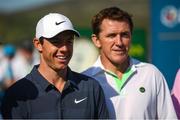 4 July 2018; Rory McIlroy, left, of Northern Ireland and former jockey AP McCoy during the Pro-Am round ahead of the Irish Open Golf Championship at Ballyliffin Golf Club in Ballyliffin, Co Donegal. Photo by Ramsey Cardy/Sportsfile