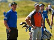 4 July 2018; Kerry GAA player Kieran Donaghy, left, former Ulster, Ireland and British Lions player Stephen Ferris, centre, and Donegal GAA player Michael Murphy on the 10th fairway during the Pro-Am round ahead of the Irish Open Golf Championship at Ballyliffin Golf Club in Ballyliffin, Co. Donegal. Photo by Oliver McVeigh/Sportsfile