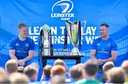 4 July 2018; Leinster players James Tracy, left, and Rory O'Loughlin during a Q&A with summer camp attendees during the Bank of Ireland Leinster Rugby Summer Camp at Energia Park in Donnybrook, Dublin. Photo by David Fitzgerald/Sportsfile