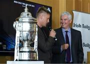 4 July 2018; Former Republic of Ireland international and Shamrock Rovers U15 Head Coach Damien Duff  is interviewd by Presenter Con Murphy during the Irish Daily Mail FAI Cup First Round Draw at the Aviva Stadium in Dublin. Photo by Harry Murphy/Sportsfile