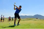 4 July 2018; Kerry footballer Kieran Donaghy tees off on the 16th hole during the Pro-Am round ahead of the Irish Open Golf Championship at Ballyliffin Golf Club in Ballyliffin, Co. Donegal. Photo by Ramsey Cardy/Sportsfile