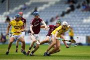 4 July 2018; Rory O'Connor of Wexford in action against Shane Bannon, left, and Fintan Burke of Galway during the Bord Gais Energy Leinster Under 21 Hurling Championship 2018 Final match between Wexford and Galway at O'Moore Park in Portlaoise, Co Laois. Photo by Harry Murphy/Sportsfile