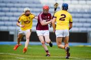 4 July 2018; Tomas Monaghan of Galway shoots to score his side's first goal, despite the efforts of Rowan White, left, and Shane Reck of Wexford during the Bord Gais Energy Leinster Under 21 Hurling Championship 2018 Final match between Wexford and Galway at O'Moore Park in Portlaoise, Co Laois. Photo by Sam Barnes/Sportsfile