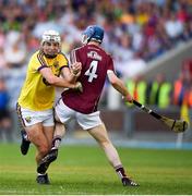 4 July 2018; Rory O'Connor of Wexford is tackled by Shane Bannon of Galway during the Bord Gais Energy Leinster Under 21 Hurling Championship 2018 Final match between Wexford and Galway at O'Moore Park in Portlaoise, Co Laois. Photo by Harry Murphy/Sportsfile