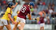 4 July 2018; Kevin Cooney of Galway shoots to score his side's second goal during the Bord Gais Energy Leinster Under 21 Hurling Championship 2018 Final match between Wexford and Galway at O'Moore Park in Portlaoise, Co Laois. Photo by Harry Murphy/Sportsfile