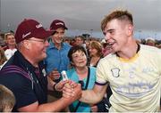 4 July 2018; Jack Canning of Galway celebrates with Galway manager Tony Ward following the Bord Gais Energy Leinster Under 21 Hurling Championship 2018 Final match between Wexford and Galway at O'Moore Park in Portlaoise, Co Laois. Photo by Sam Barnes/Sportsfile