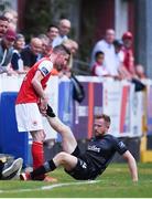 6 July 2018; Ian Bermingham of St Patrick's Athletic pulls Sean Hoare of Dundalk from the pitch after he picked up an injury during the SSE Airtricity League Premier Division match between St Patrick's Athletic and Dundalk at Richmond Park in Dublin. Photo by Stephen McCarthy/Sportsfile