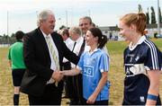 1 July 2018; Dominic Leech, President, Leinster LGFA, shakes hands with Dublin captain Sinéad Aherne before the TG4 Leinster Ladies Senior Football Final match between Dublin and Westmeath at Netwatch Cullen Park in Carlow. Photo by Piaras Ó Mídheach/Sportsfile