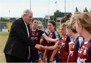 1 July 2018; Dominic Leech, President, Leinster LGFA, meets Westmeath players before the TG4 Leinster Ladies Senior Football Final match between Dublin and Westmeath at Netwatch Cullen Park in Carlow. Photo by Piaras Ó Mídheach/Sportsfile