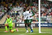 7 July 2018; Moussa Dembele of Glasgow Celtic celebrates after scoring his side's first goal with team mate Odsonne Edouard during the friendly match between Shamrock Rovers and Glasgow Celtic at Tallaght Stadium in Tallaght, Co. Dublin. Photo by David Fitzgerald/Sportsfile