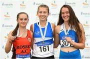 7 July 2018; Ciara Moore from St Laurence O'Toole AC, Co Carlow, who won the girls under-16 100m from second place Leah McGarvey, left, from Rosses AC, Co Donegal, and third place Aine McGwynne, right, from Carrick-on-Shannon AC, Co Leitrim, during the Irish Life Health Juvenile B Championships & Inter Club Relays at Tullamore Harriers Stadium in Tullamore, Co. Offaly. Photo by Matt Browne/Sportsfile