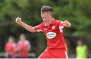 7 July 2018; Harrison McGrane of Shelbourne celebrates after scoring his side's second goal from a free kick during the SSE Airticity National U15 League match between Shelbourne and Finn Harps at the AUL in Clonshaugh, Co. Dublin. Photo by Eoin Smith/Sportsfile