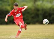 7 July 2018; Harrison McGrane of Shelbourne takes a shot on goal during the SSE Airticity National U15 League match between Shelbourne and Finn Harps at the AUL in Clonshaugh, Co. Dublin. Photo by Eoin Smith/Sportsfile