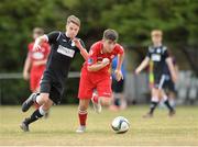 7 July 2018; Lee Costigan of Shelbourne in action against Daryl Porter of Finn Harps during the SSE Airticity National U15 League match between Shelbourne and Finn Harps at the AUL in Clonshaugh, Co. Dublin. Photo by Eoin Smith/Sportsfile