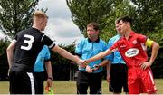 7 July 2018; Referee David Gallagher speaks with Finn Harps captain Oran McGrath and Shelbourne captain Max Kelly prior to the SSE Airticity National U15 League match between Shelbourne and Finn Harps at the AUL in Clonshaugh, Co. Dublin. Photo by Eoin Smith/Sportsfile
