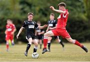 7 July 2018; Daniel Gildea of Finn Harps in action against Sean Hickey of Shelbourne during the SSE Airticity National U15 League match between Shelbourne and Finn Harps at the AUL in Clonshaugh, Co. Dublin. Photo by Eoin Smith/Sportsfile