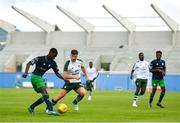7 July 2018; Martins Olakanye of Shamrock Rovers in action against Kieran Tierney of Celtic during the friendly match between Shamrock Rovers and Glasgow Celtic at Tallaght Stadium in Tallaght, Co. Dublin.  Photo by David Fitzgerald/Sportsfile